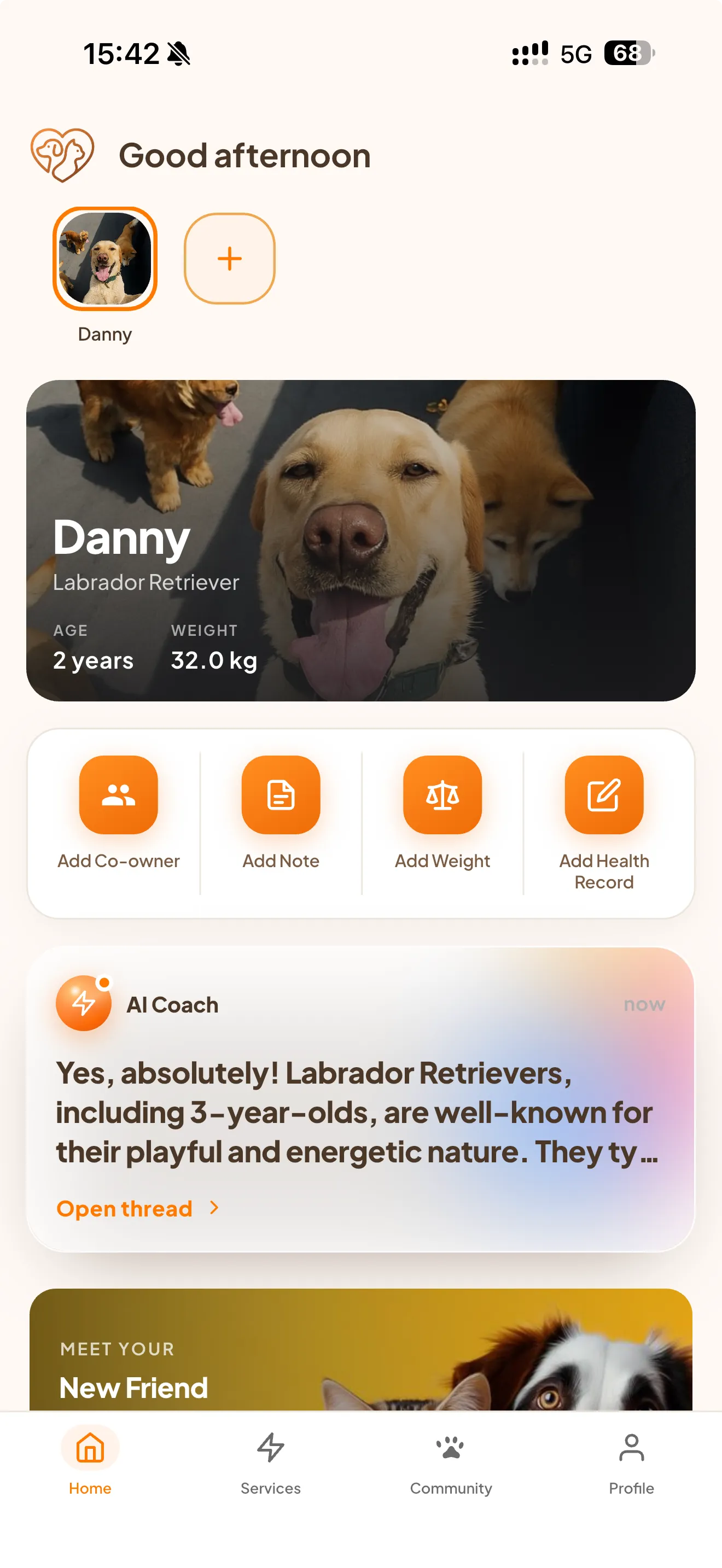 PetCare app home screen